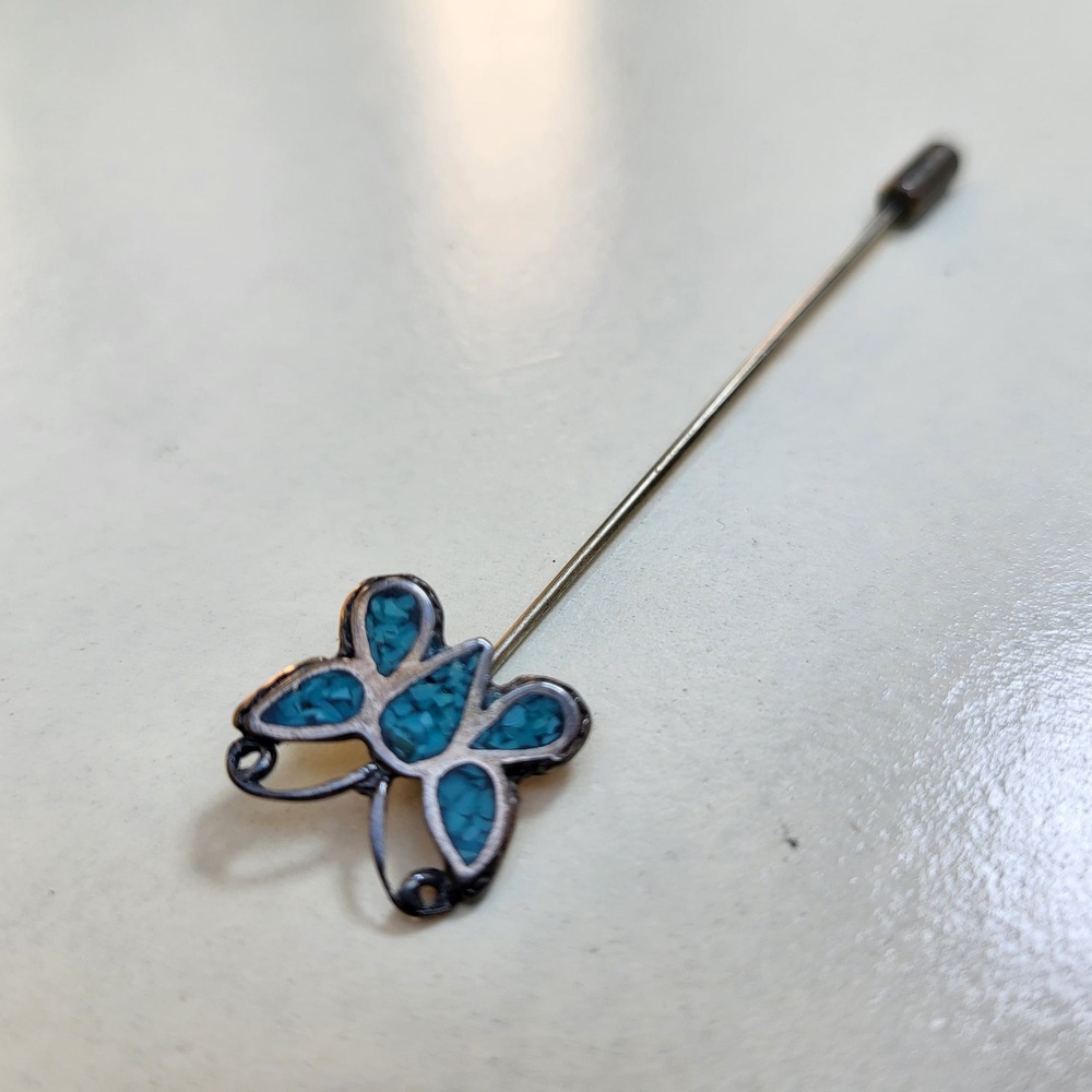 Vintage Sterling Silver Butterfly Stick Pin Turquoise Silver Inlay Southwestern
